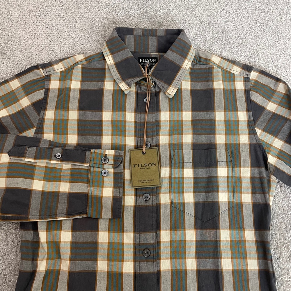 NWT Filson Womens Extra Small Hyland Shirt Grey Ivory Turquoise Plaid Cotton XS